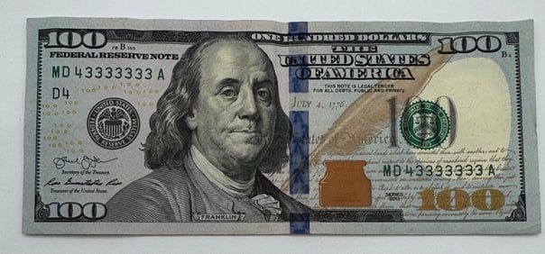 Rare $100 Bill Serial #43333333
