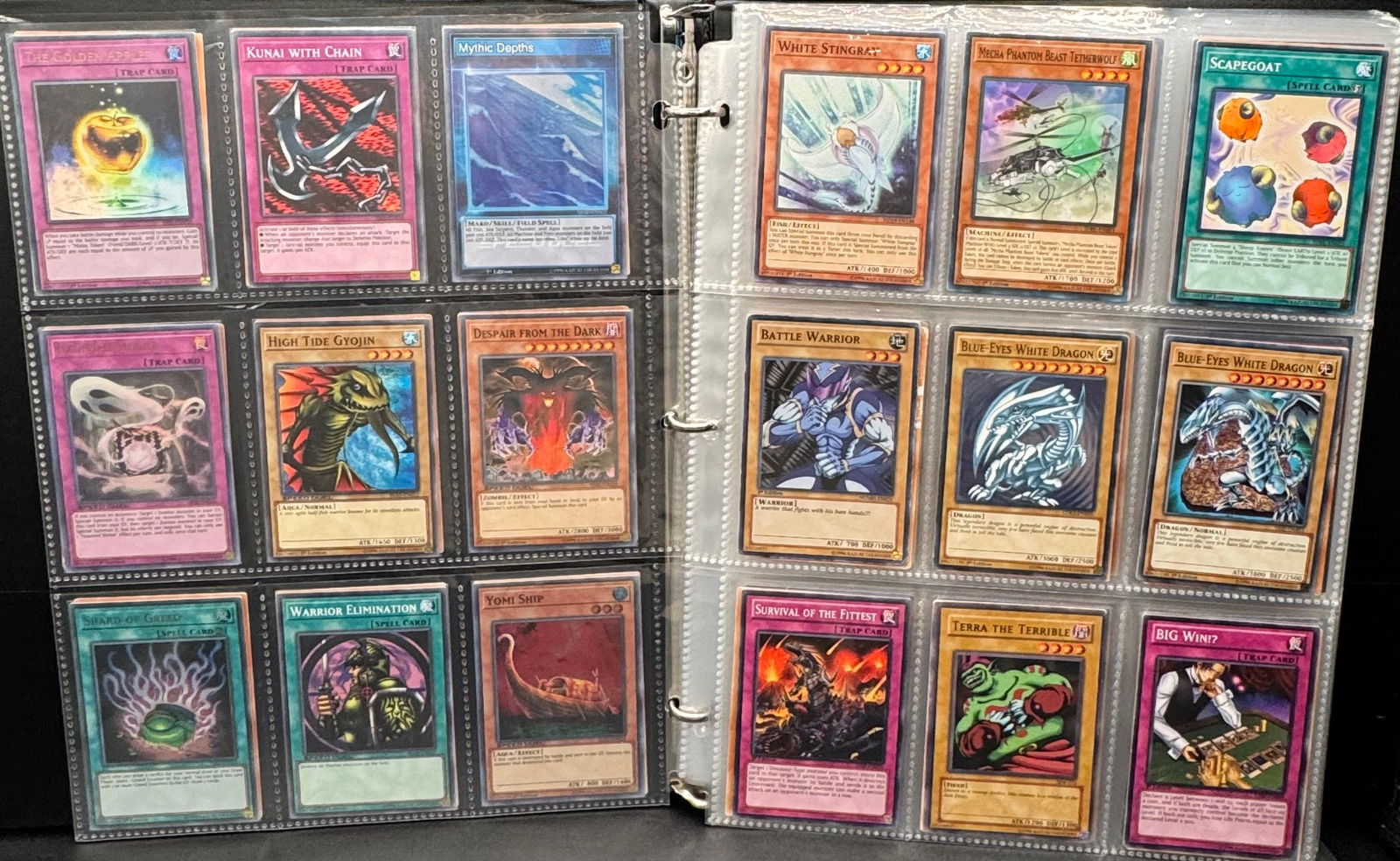 Yu Gi Oh Holo Blue Eyes White Dragon Trading Cards Binder: Yu-Gi-Oh Holo And Non Holo Trading cards. Blue Eyes White Dragon, Batle Warrior,Mythic Depths, Haunted Shrine, White Stingray, vampire Lord & many more. Binder has over 350 cards