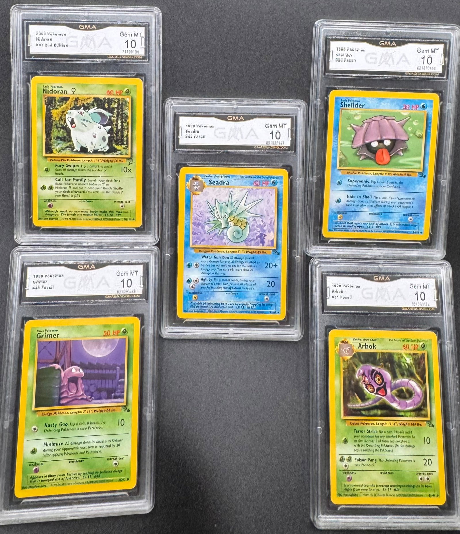 1999 Pokemon Nidoran, Arbok, Seadra & More: 1999 Pokemon Nidoran, Arbok, Seadra & More GMA Mint 10 