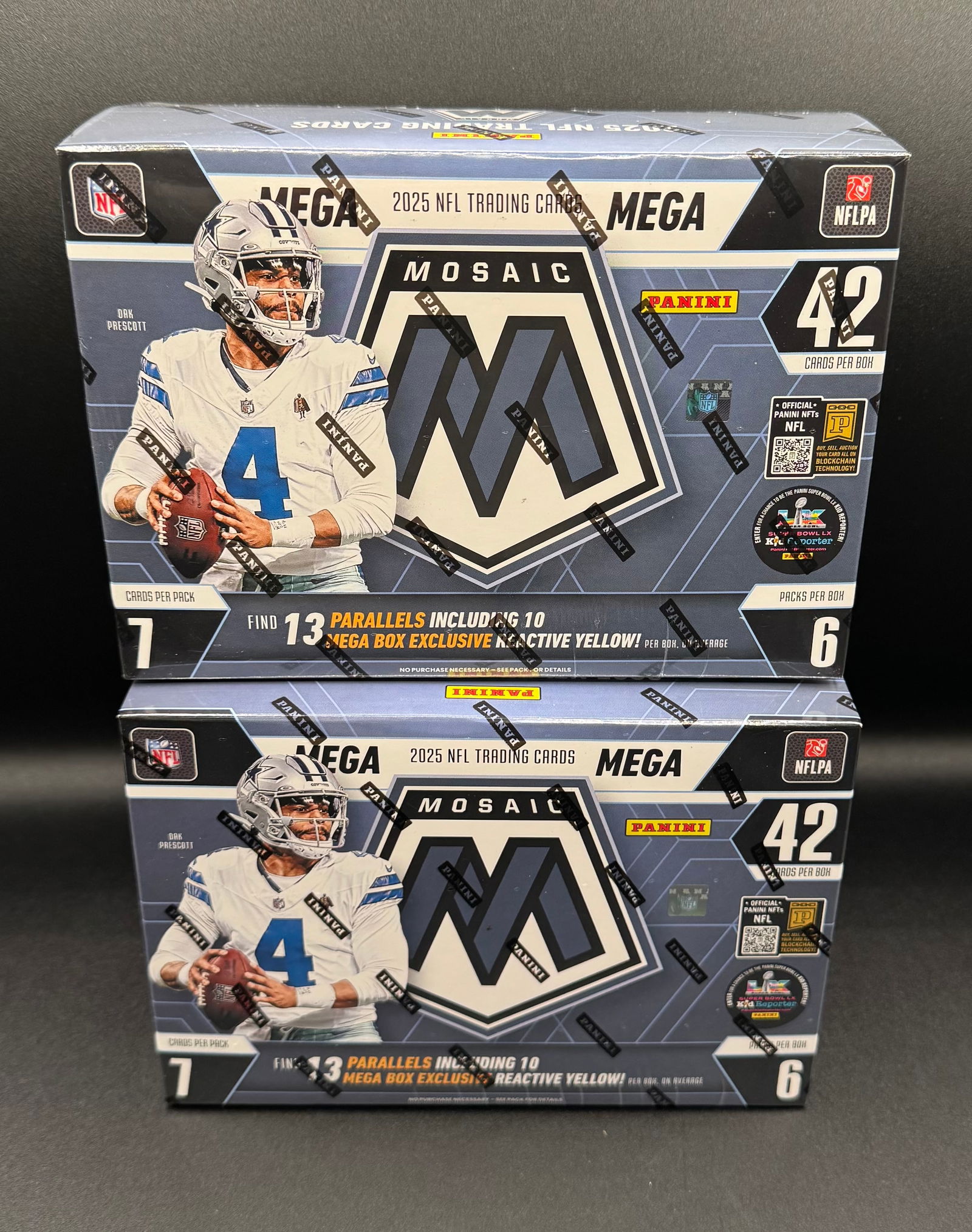 Two 2025 Panini Mosaic Football NFL Trading Cards Mega Box: (2) Two 2025 Panini Mosaic Football NFL Trading Cards Mega Box