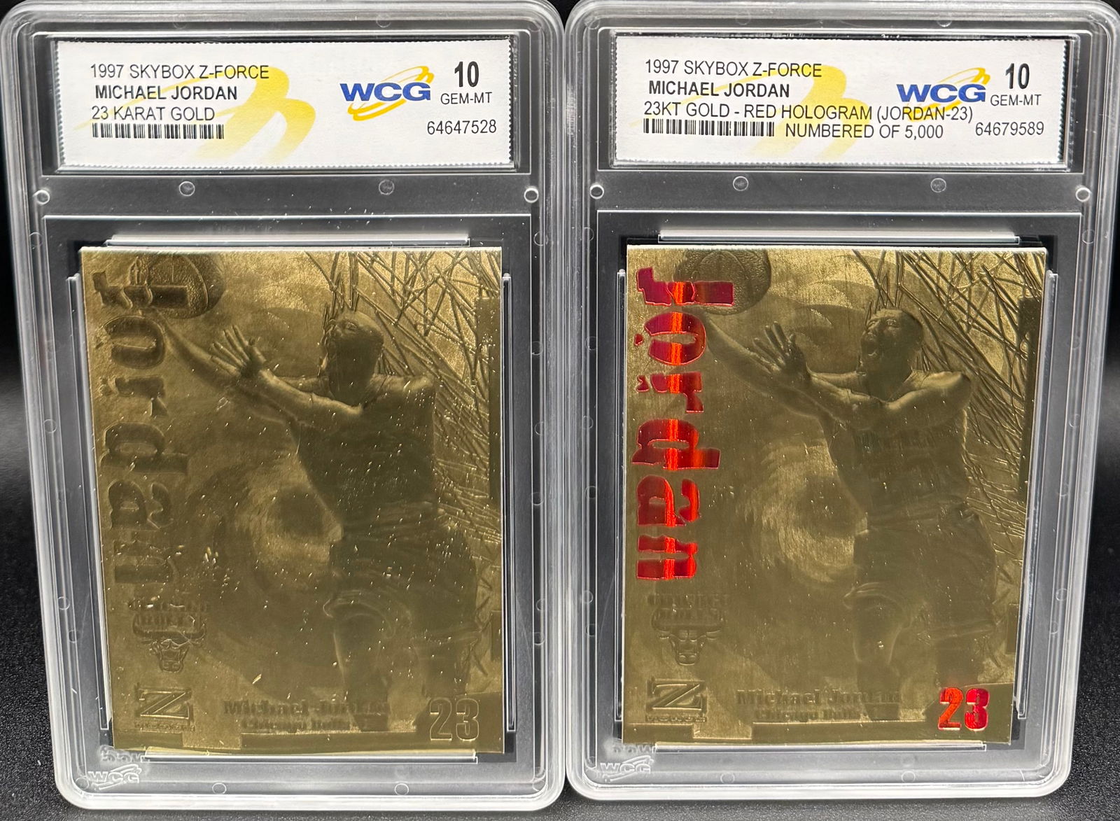 Michael Jordan Cards Limited Edition /5000: (2) Two 1997 Slybox Michael Jordan red Holo /5000 & 23 Karat Gold Basketball Cards Mint 10