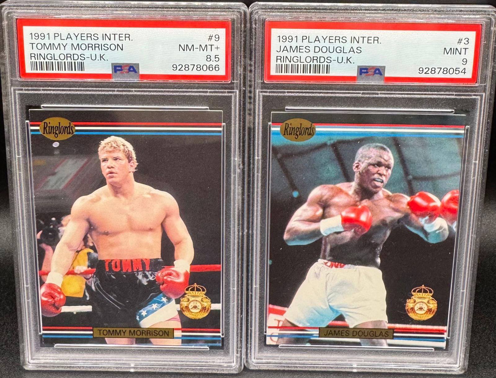 1991 Tommy Morrison & James Douglas Cards: 1991 PLAYERS INTERNATIONAL RINGLORDS #9 TOMMY MORRISON PSA 8.5 MINT And 1991 James Douglas PSA 9 