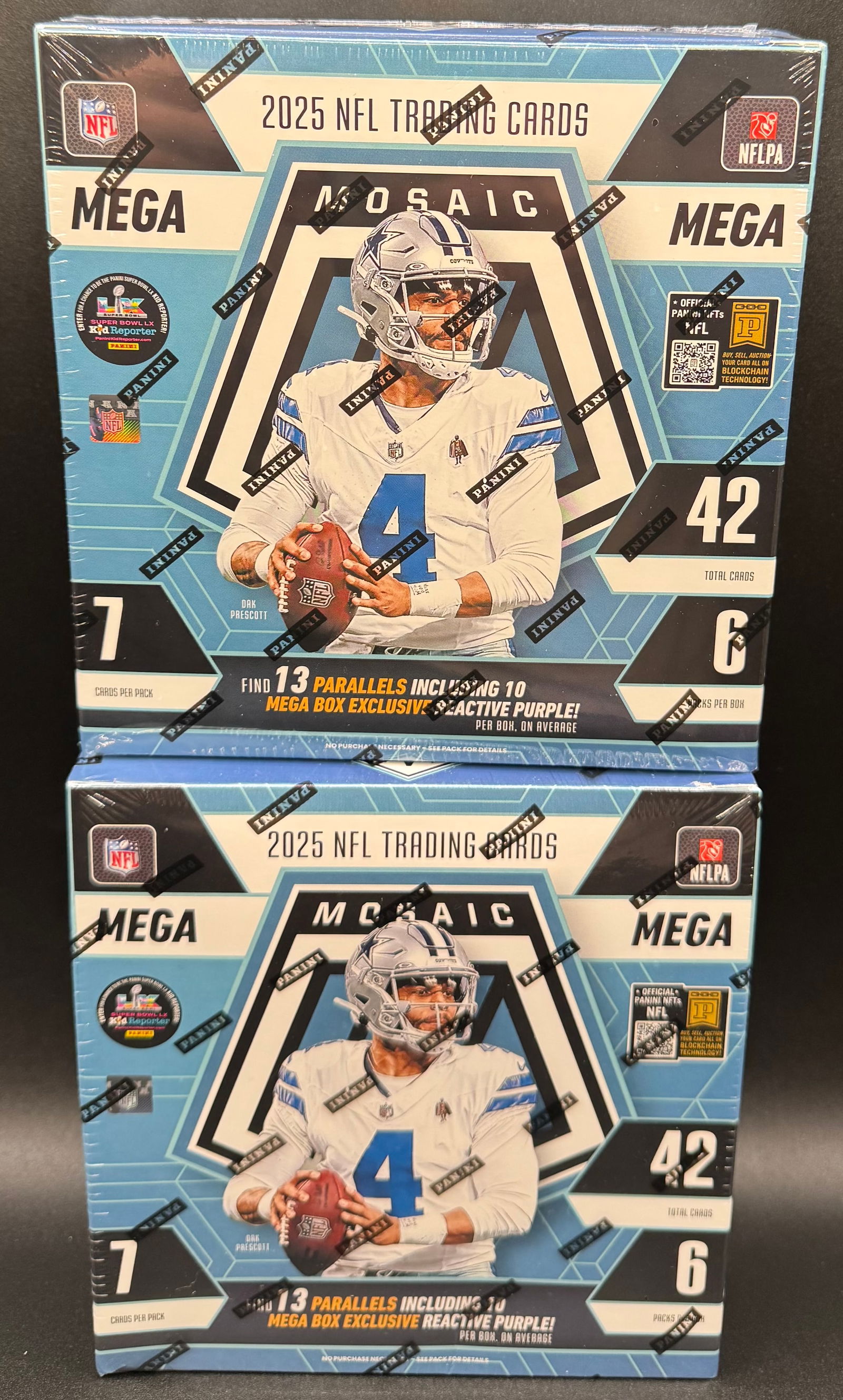Two 2025 Reactive Purple Mosaic Football NFL Mega Box Sealed: Sealed (2) Two 2025 Panini Mosaic Football NFL Trading Cards Mega Box Reactive Purple Prizms