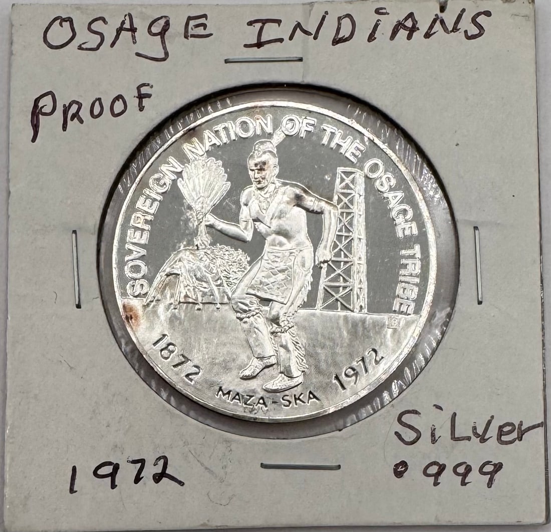 1972 Osage Indians Silver Coin: 1972 Osage Indians Fine .9999 Silver Coin 