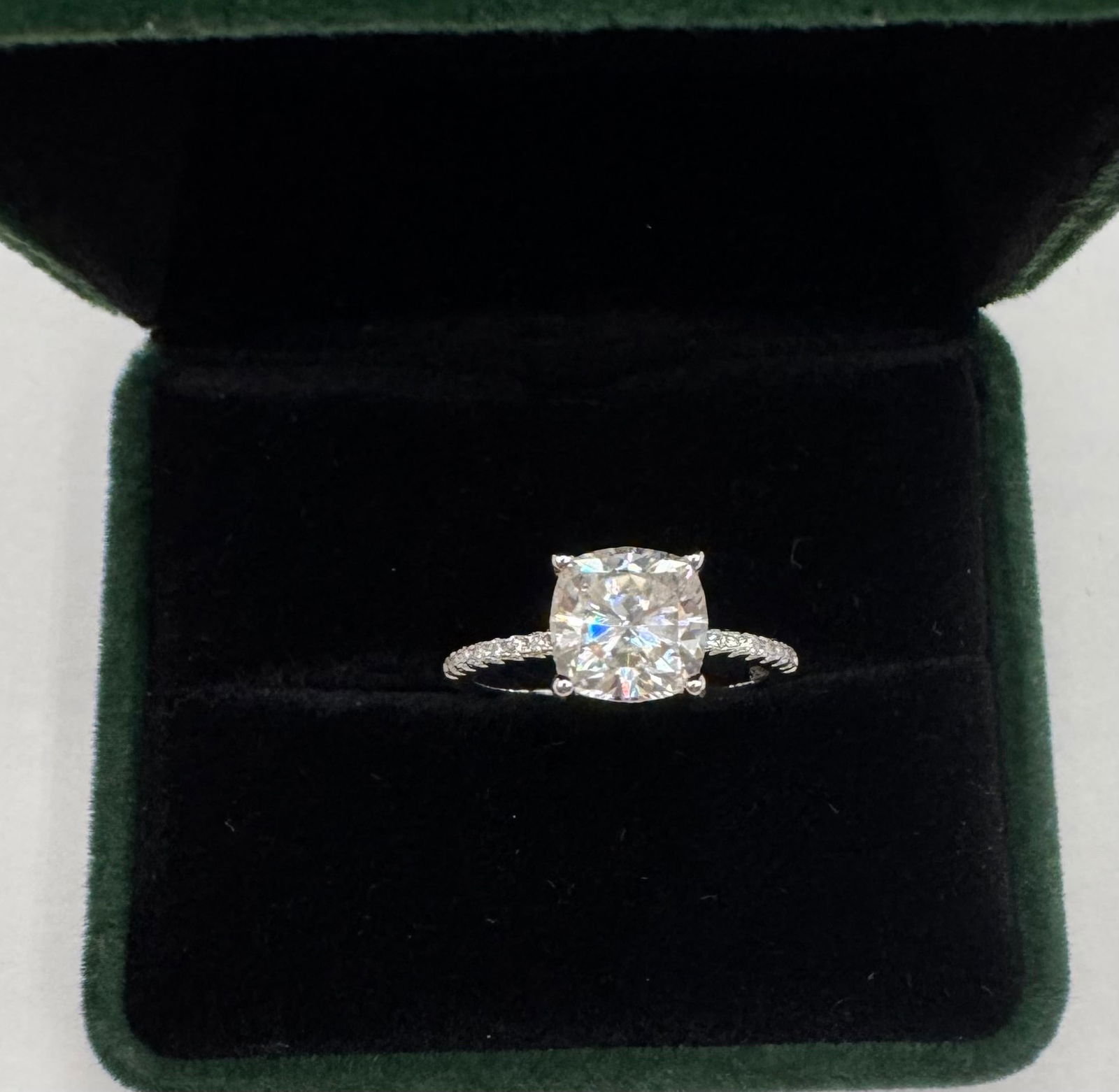 Cushion Moissanite Ring: 3 Carats Stone Moissanite Ring Mounted in Sterling with Yellow Gold Overlay, with Certificate Of Authenticity & Jewelry Case. Size: 8 
