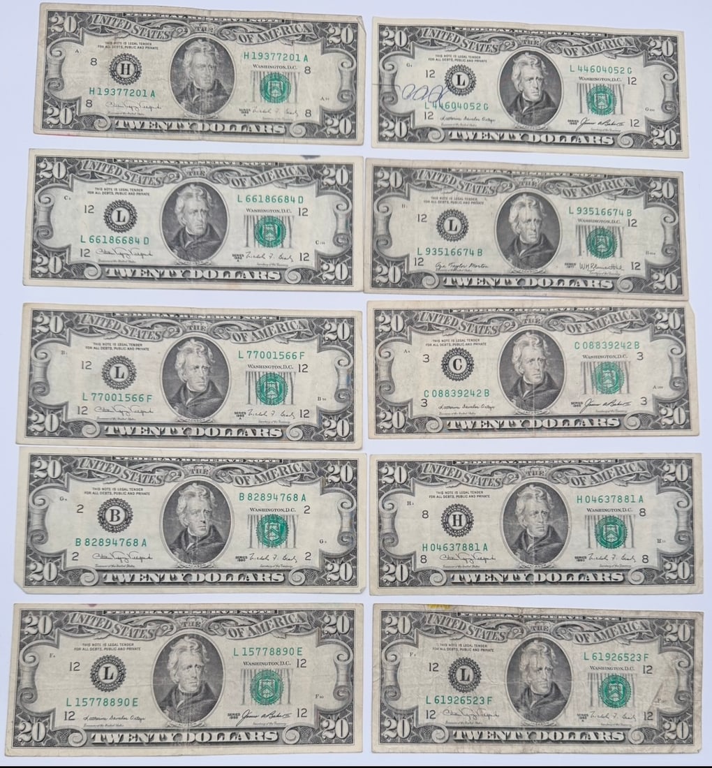 Ten Twenty Dollar Bills: (10) Ten 1980s Twenty Dollar Bills. Face Value $200 