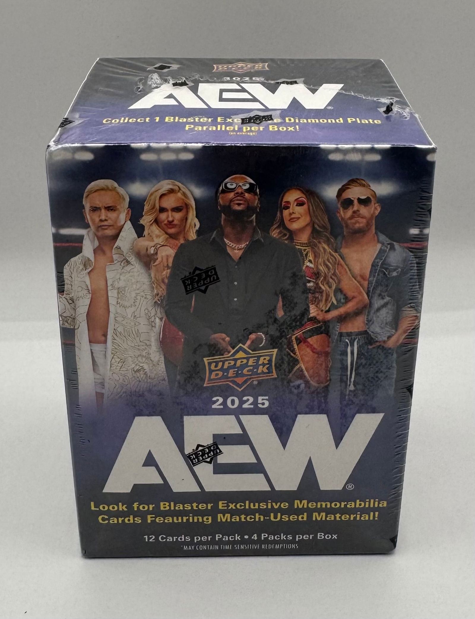 2025 Upper Deck AEW Wrestling Blaster Box, Factory Sealed: Manufacturer: Upper Deck Series: 2025 All Elite Wrestling (AEW) Pack Count: 4 Packs per box / 12 Cards per pack Condition: Factory Sealed Highlights: Look for Blaster Exclusive "Diamond Plate"