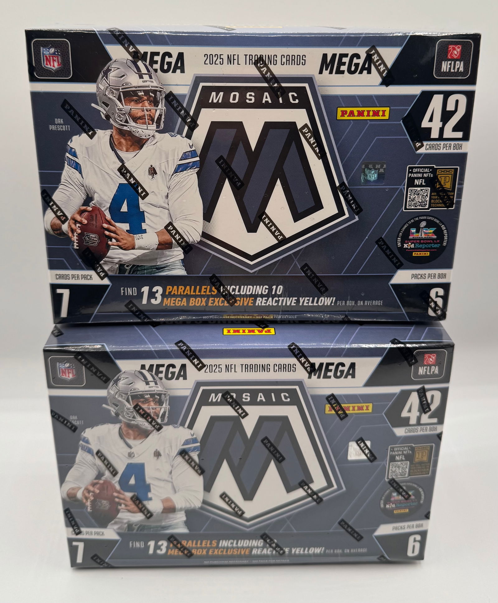 (2) 2025 Panini Mosaic NFL Football Mega Boxes - Factory Sealed: Two (2) factory-sealed 2025 Panini Mosaic NFL Football Mega Boxes. Each box contains 42 cards (7 packs of 6 cards). Look for 13 parallels including 10 Mega Box Exclusive Reactive Yellow parallels per