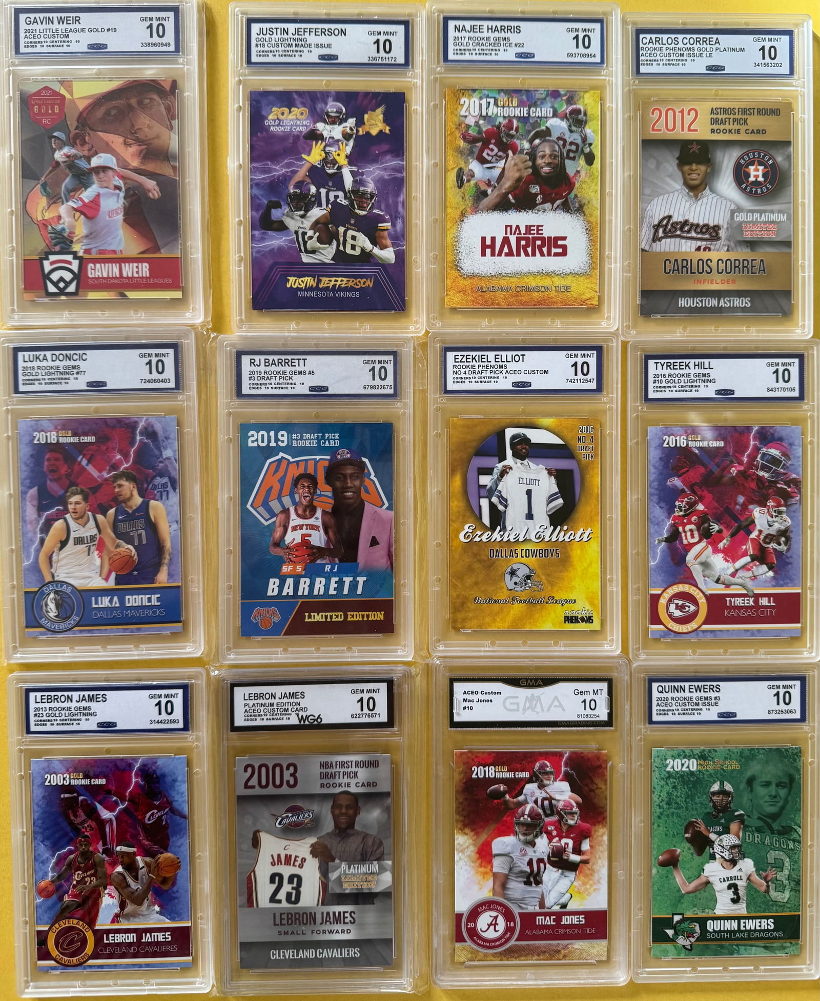 12-Card Lot GEM MINT 10 ACEO Custom Sports Cards - LeBron, Luka, Jefferson: For sale is a high-grade collection of 12 ACEO custom-issue sports cards, all professionally slabbed and graded GEM MINT 10. This lot features a powerhouse lineup across Basketball, Football, and Base