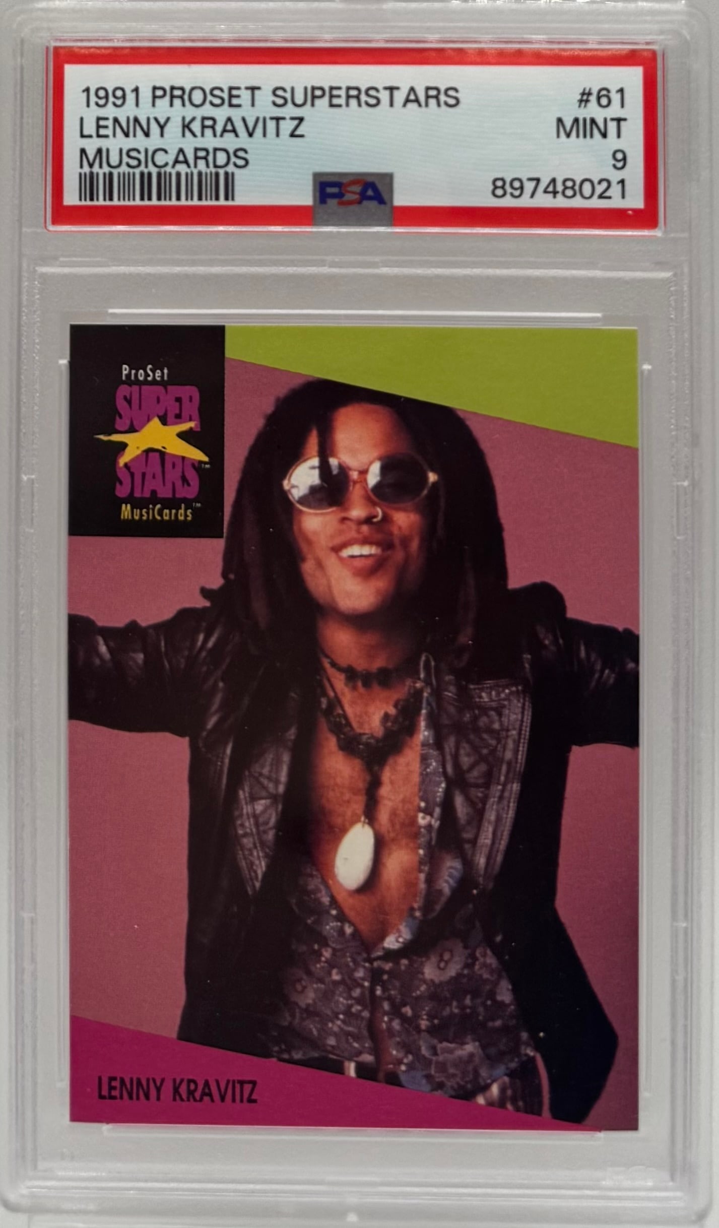 1991 ProSet Superstars Lenny Kravitz: A classic 1991 ProSet Superstars MusiCards featuring rock legend Lenny Kravitz (Card #61). Professionally graded by PSA 9 MINT. This vintage music card captures Kravitz during his early "Mama Said"