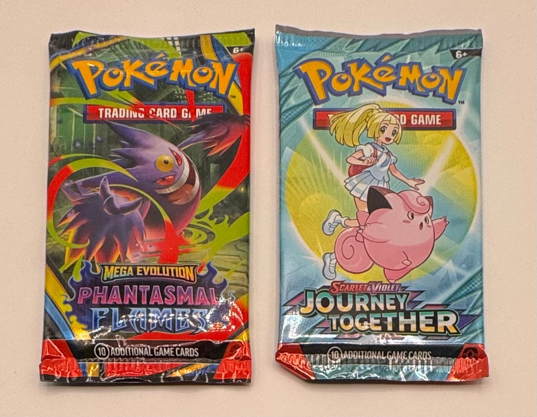 Pair of Pokemon Theme Booster Packs - Phantasmal Flames & Journey Together: Pack 1: Mega Evolution "Phantasmal Flames" (Mega Gengar Artwork) • Pack 2: Scarlet & Violet "Journey Together" 