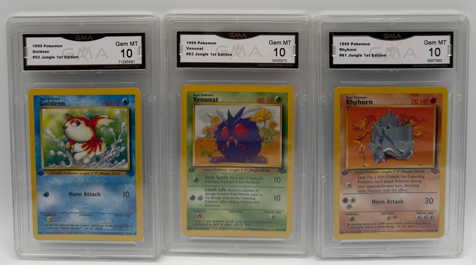3-Card Lot: 1999 Pokémon Jungle 1st Edition - Goldeen, Venonat, Rhyhorn - GMA Gem MT 10: Pok 