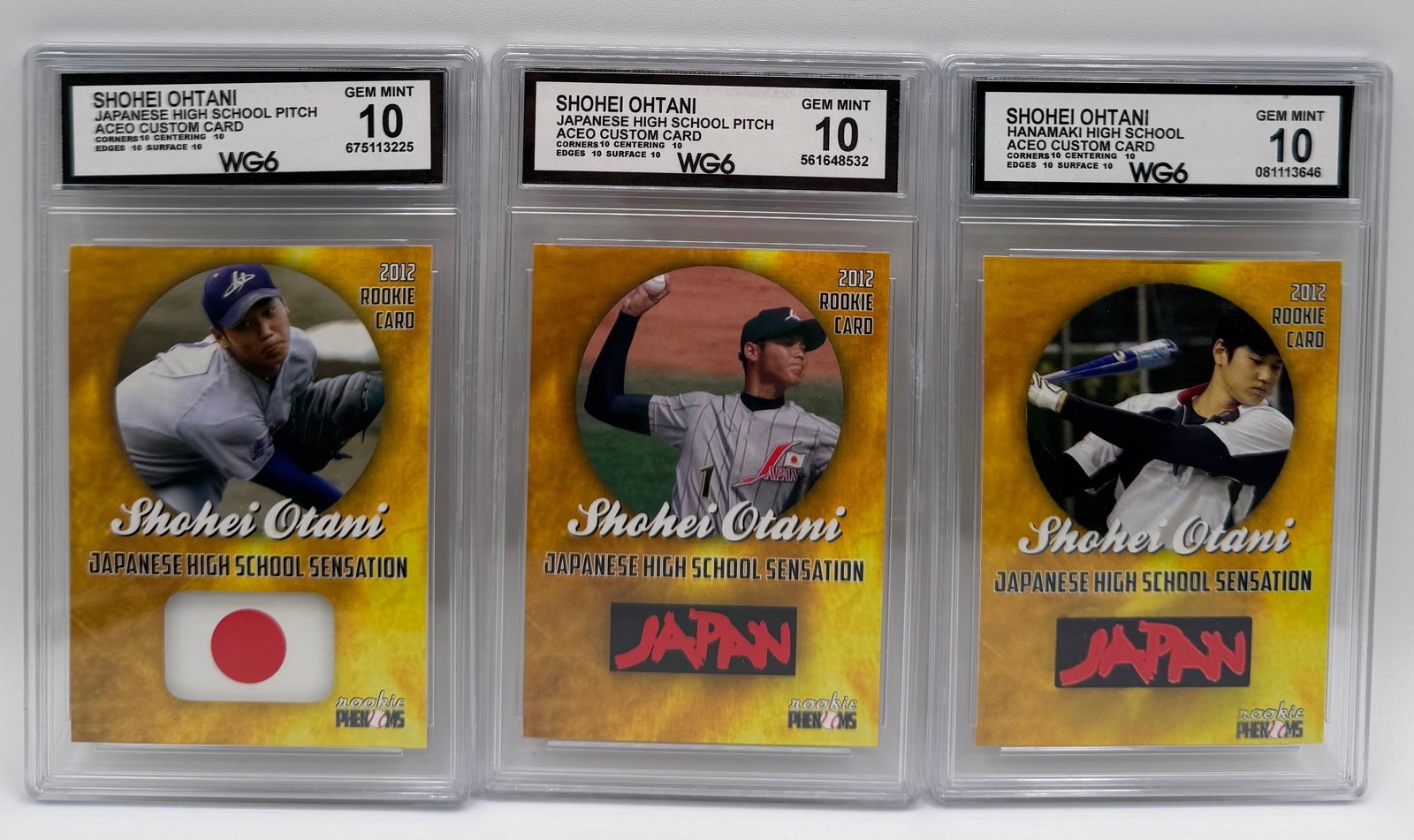 (3) ACEO trading cards featuring Shohei Ohtani during his high school years in Japan: Includes "3 custom cards Japanese High School Pitch," "Hanamaki High School," and "Japanese High School Bat" variations. • Grading: All three are graded GEM MINT 10 by WG6. • Features:
