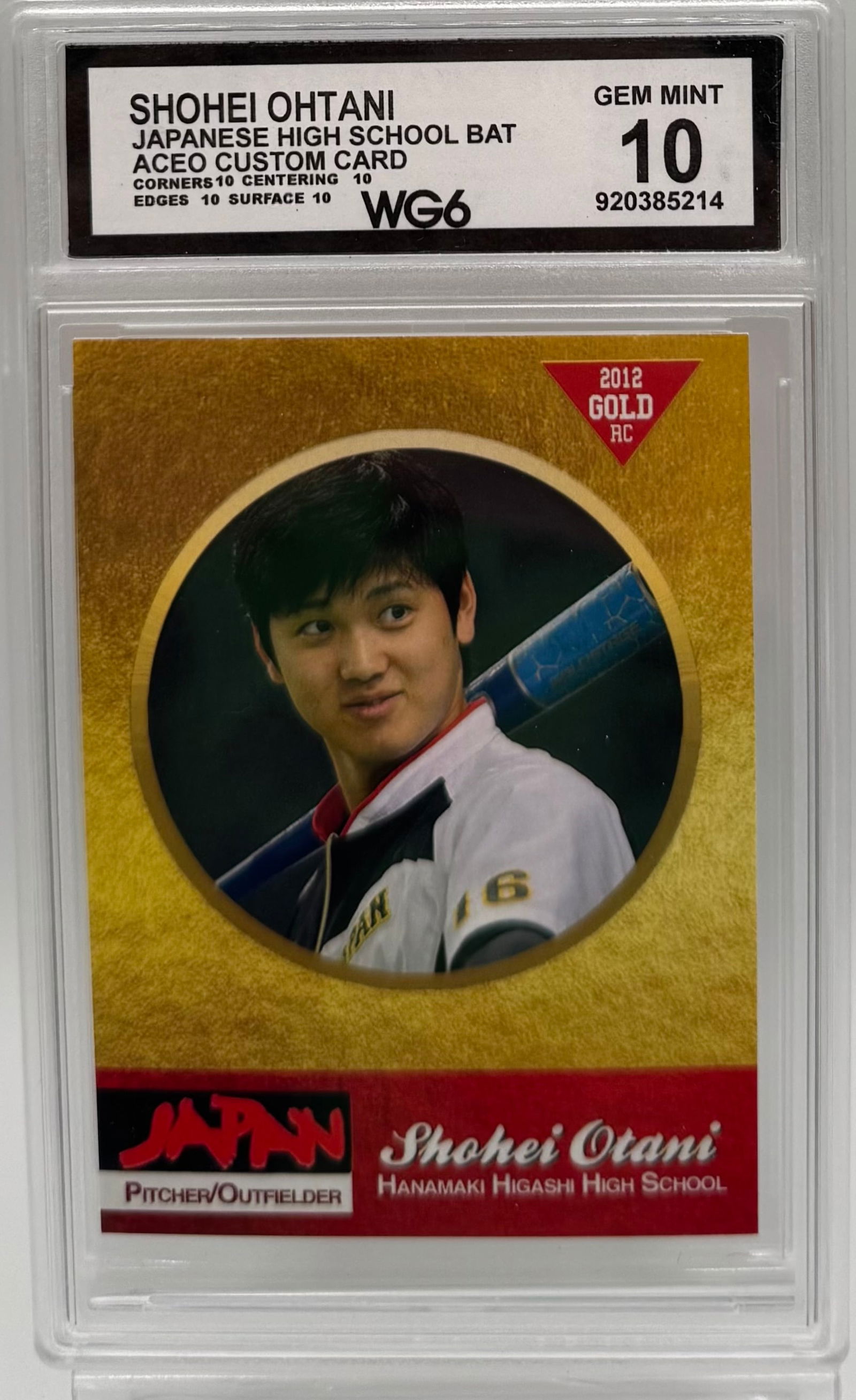 Shohei Ohtani "Japanese High School Bat" ACEO Custom Card - WG6 10 GEM MINT: ACEO Custom Card • Theme: 2012 Gold RC / Hanamaki Higashi High School • Grading: WG6 10 Gem Mint (Cert #920385214) • Subgrades: Quad 10s (Corners, Centering, Edges, Surface) •