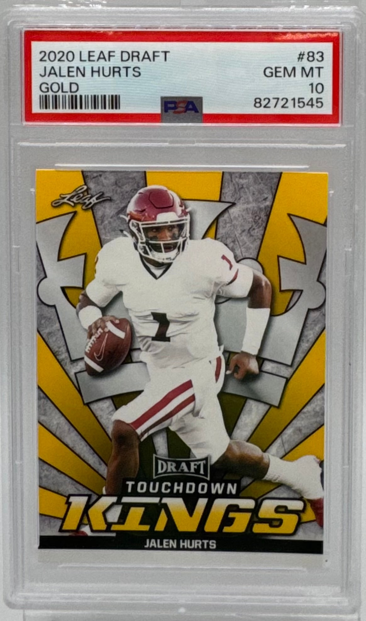 2020 Leaf Draft Jalen Hurts "Touchdown Kings" Gold #83 - PSA 10: Player: Jalen Hurts • Year/Brand: 2020 Leaf Draft "Touchdown Kings" Gold Parallel • Grade: PSA 10 (Gem Mint) • Details: Stunning gold foil parallel card featuring Hurts in his