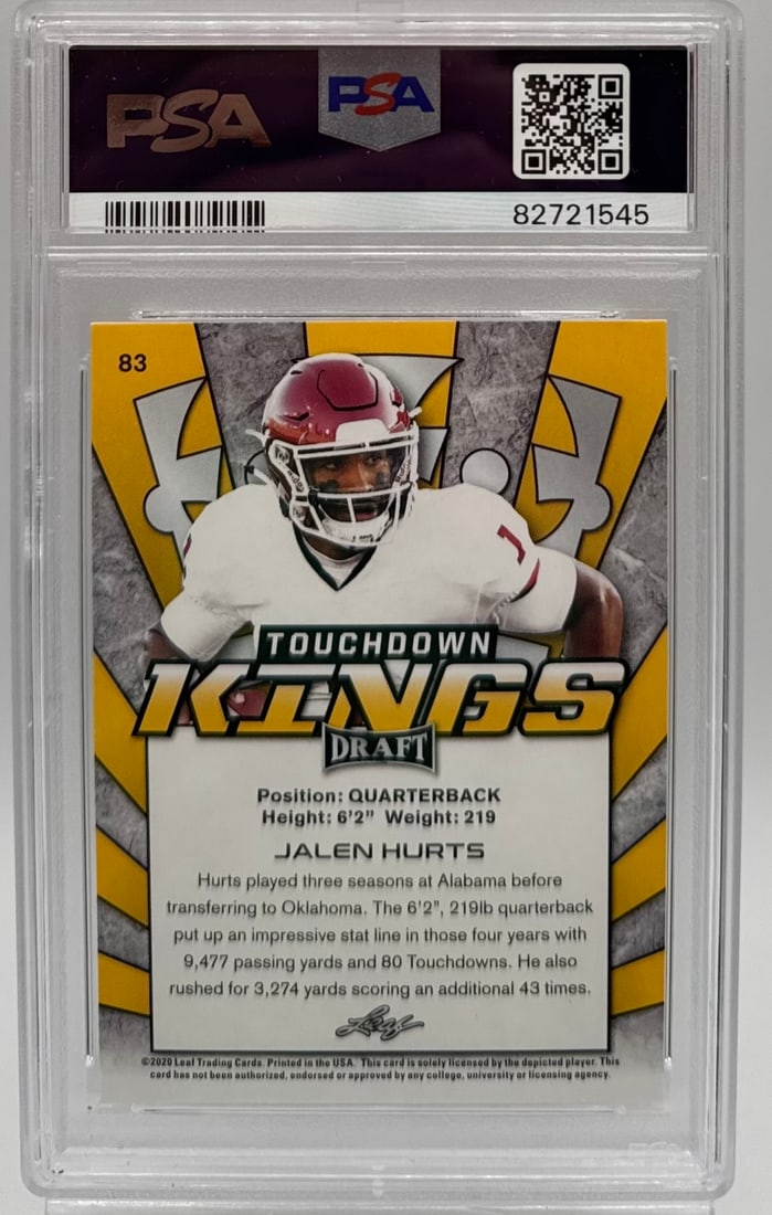 2020 Leaf Draft Jalen Hurts "Touchdown Kings" Gold #83 - PSA 10 - 2