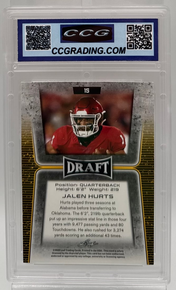 2020 Leaf Draft Jalen Hurts Gold Rookie Card #15 - CCG 10 - 2