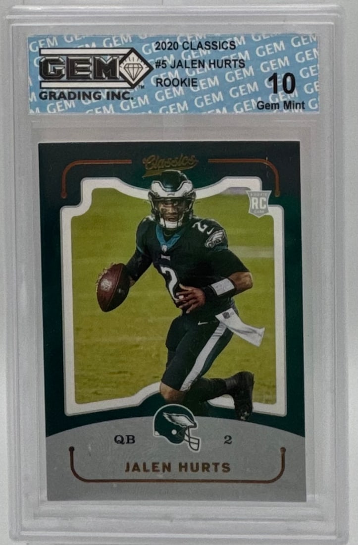 2020 Panini Classics Jalen Hurts Rookie Card #5 - GEM 10: Jalen Hurts • Team: Philadelphia Eagles • Year/Brand: 2020 Panini Classics #5 • Grade: Gem Mint 10 (Graded by GEM Grading Inc.) • Details: Official NFL Rookie Card