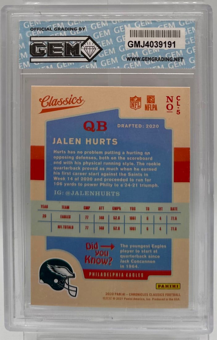 2020 Panini Classics Jalen Hurts Rookie Card #5 - GEM 10 - 2