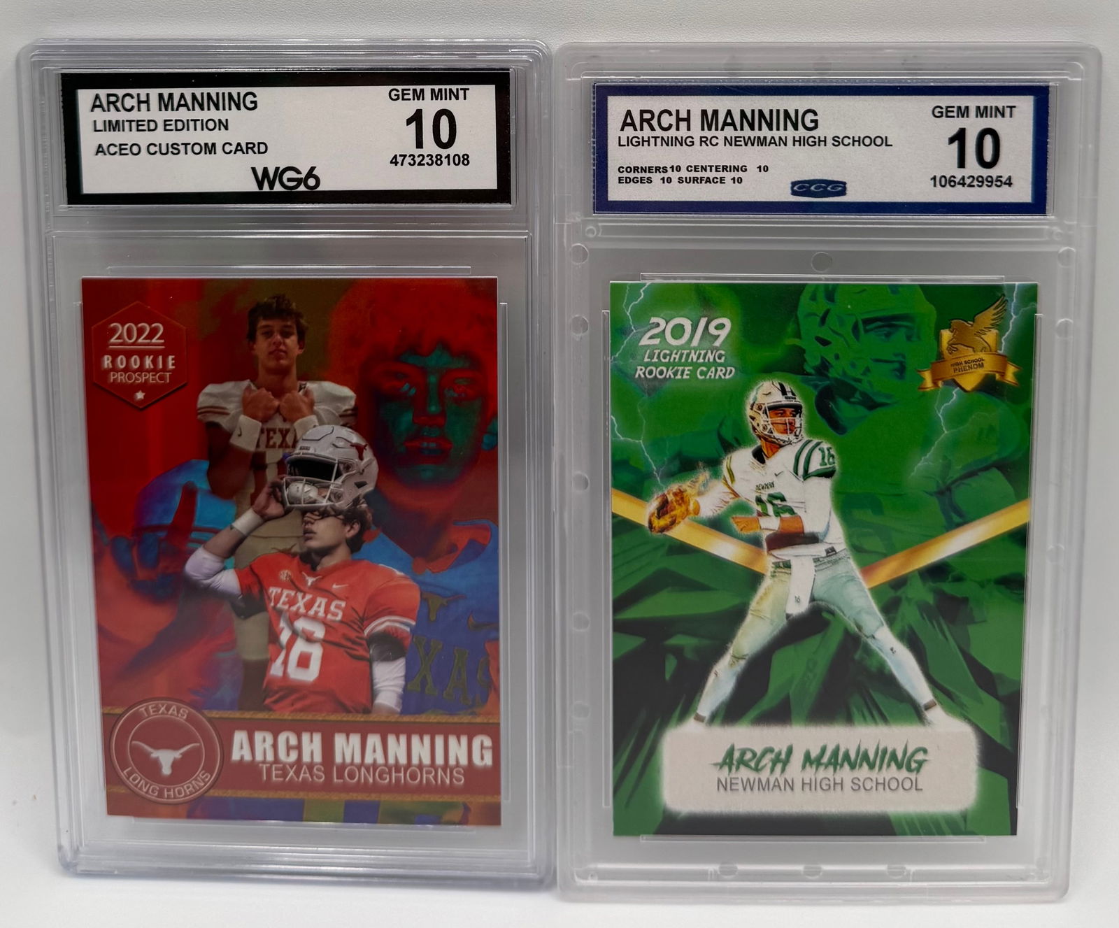 (2) Arch Manning Custom Rookie Cards - ACEO Limited Edition - CCG Gem Mint 10: Two (2) Arch Manning custom trading cards. High-interest prospect for the Texas Longhorns. • Card 1: 2022 ACEO Custom Card "Limited Edition" Texas Longhorns. Graded WG6 Gem Mint 10. •