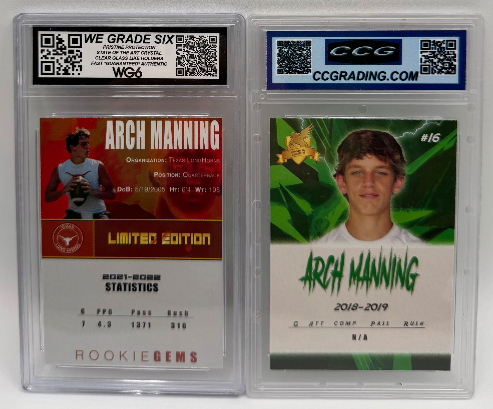 (2) Arch Manning Custom Rookie Cards - ACEO Limited Edition - CCG Gem Mint 10 - 2