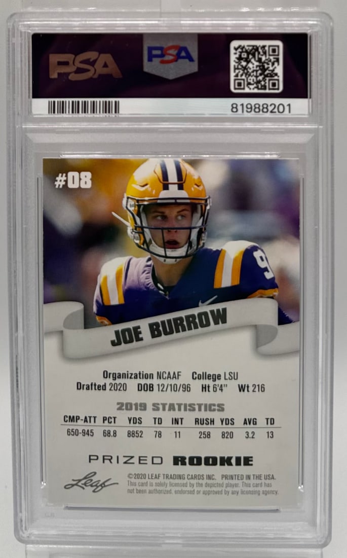 2020 Leaf Special Release "Prized Rookie" #8 Joe Burrow - PSA 10 Gem-MT - 2