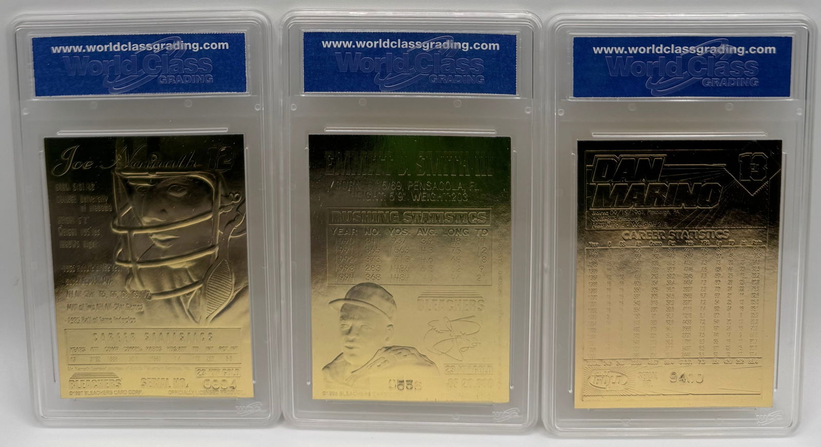 Lot of (3) NFL Legends 23KT Gold Foil Cards - Namath, Smith, Marino - 2