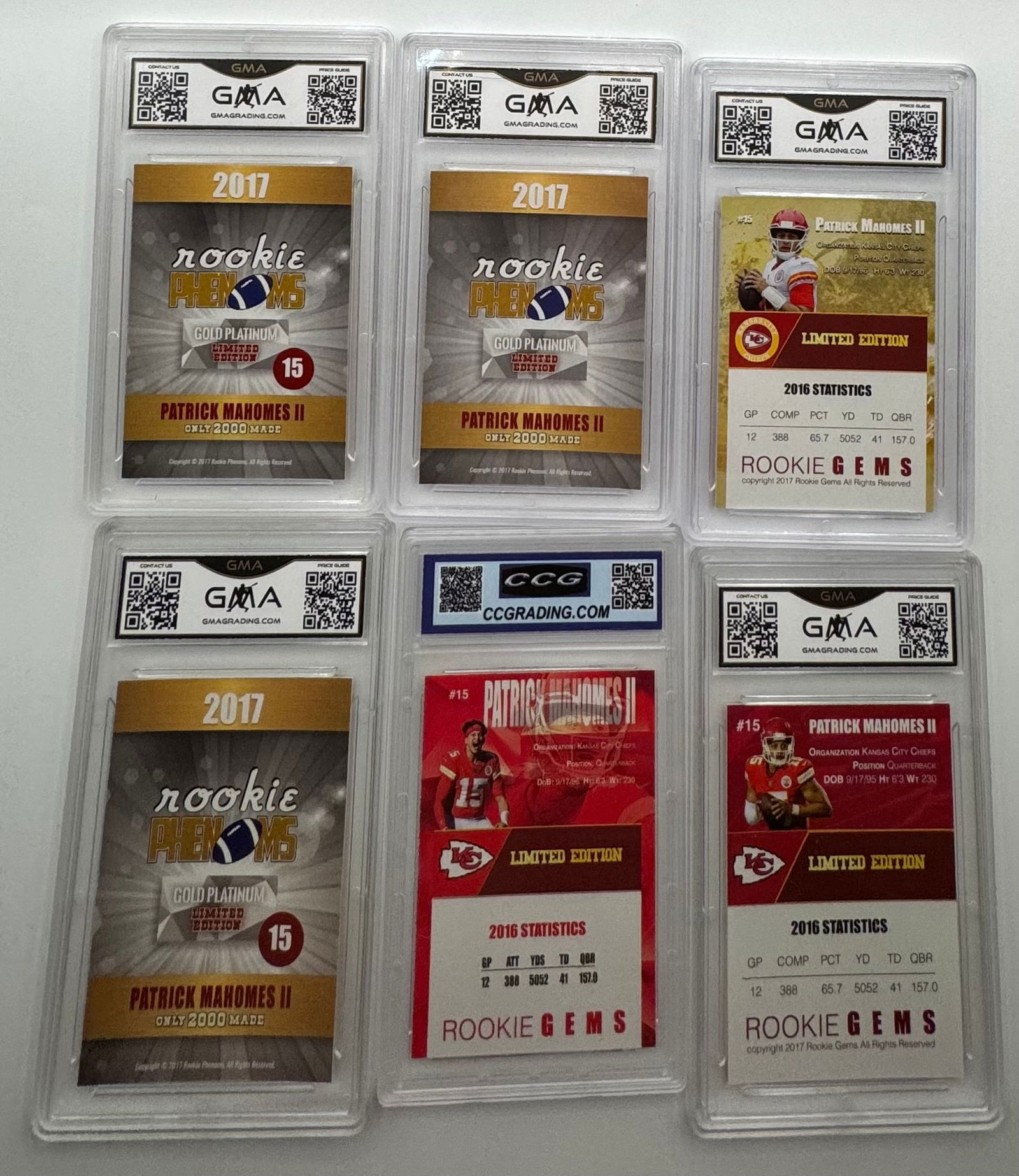 (6) Patrick Mahomes II 2017 Custom Rookie Cards - GMA/CCG Graded Gem Mint 10 - 2
