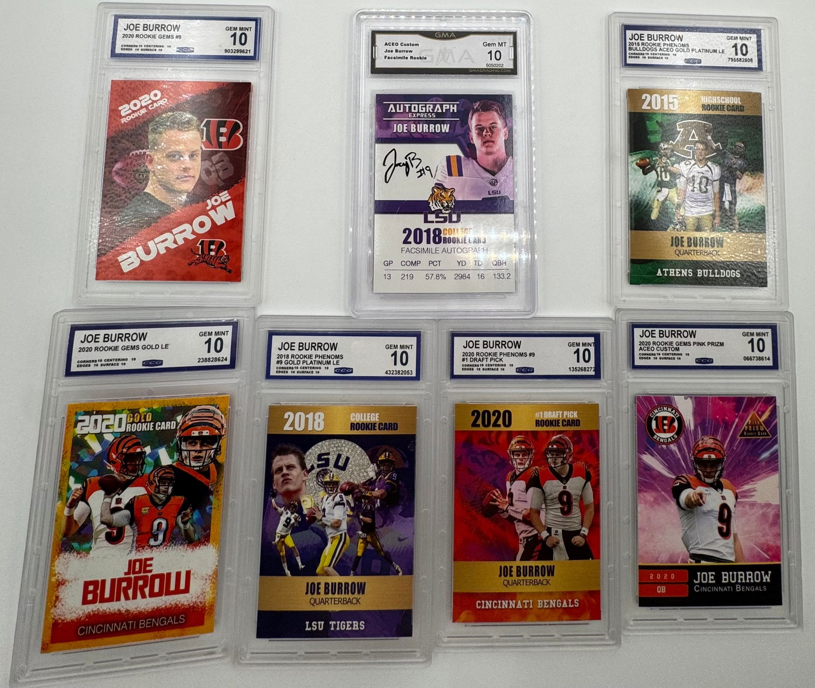 (7) Joe Burrow Custom Rookie & College Cards - CCG/GMA Graded Gem Mint 10 (1 of 1)