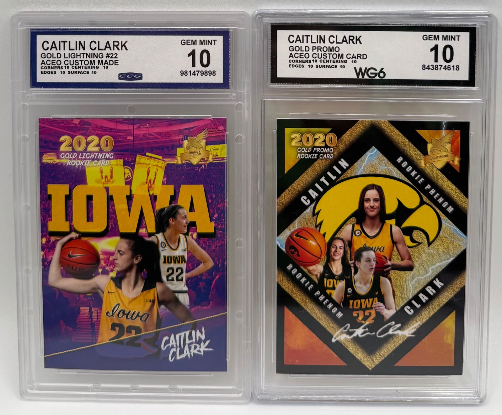 (2) Caitlin Clark 2020 "Gold Lightning" & "Gold Promo" Custom ACEO Cards - Gem Mint 10: Player: Caitlin Clark (Iowa Hawkeyes) • Type: ACEO Custom Made / Art Cards • Grading: Graded CCG 10 and WG6 10 Gem Mint • Details: Featuring the NCAA's all-time leading scorer.