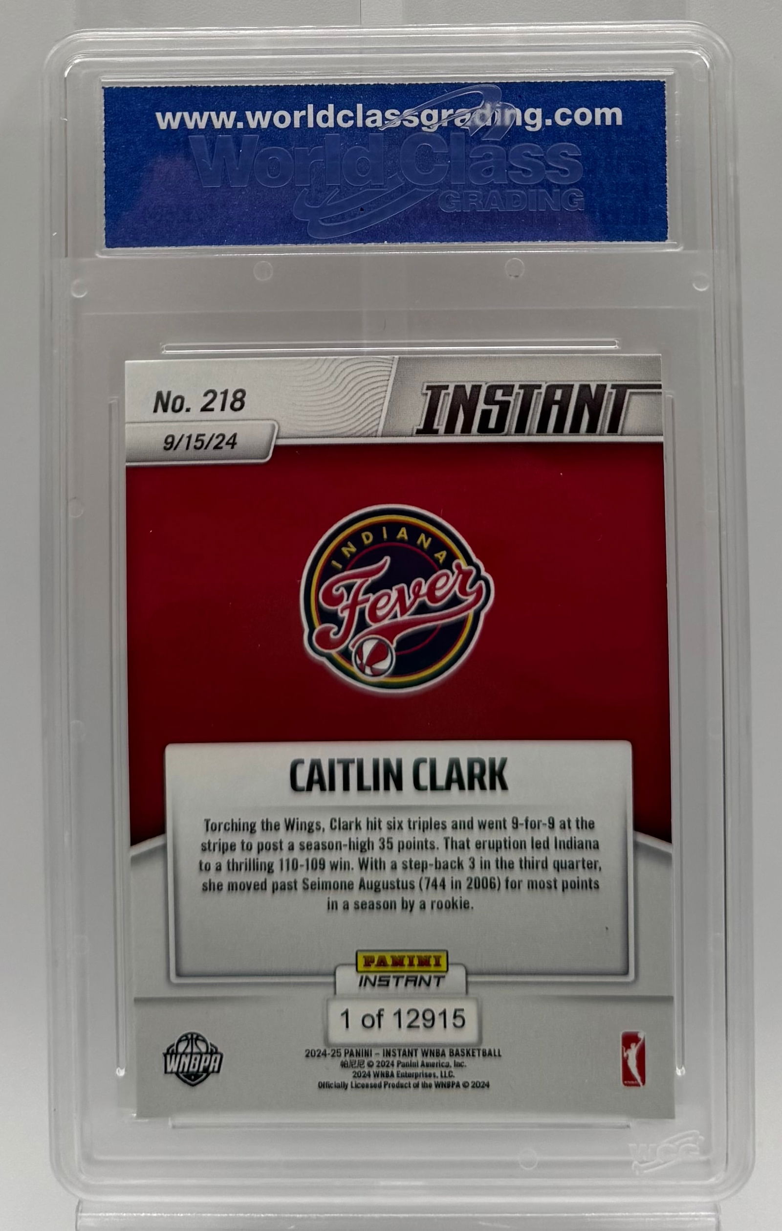 2024 Panini Instant #218 Caitlin Clark Rookie Scoring Record RC - WCG Graded Gem MT 10 - 2