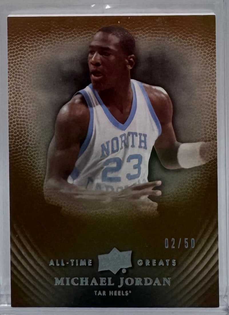 Upper Deck "All-Time Greats" Michael Jordan /50: Brand: Upper Deck • Set: All-Time Greats (North Carolina Tribute) • Special Attribute: Very low print run serial numbered 02/50. 