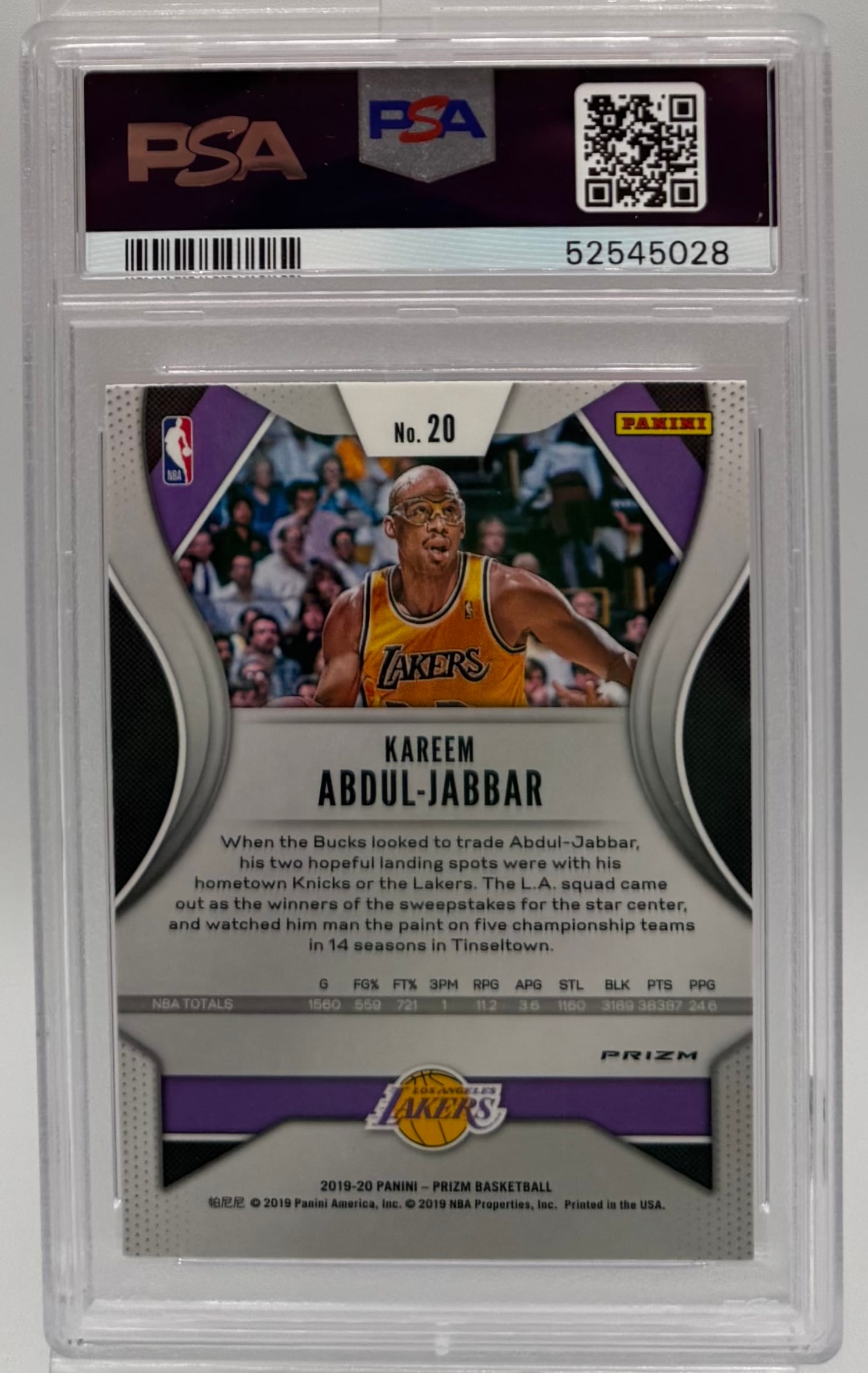 2019 Panini Prizm Kareem Abdul-Jabbar Pink Ice Prizm #20 – PSA 10 Gem Mint - 2