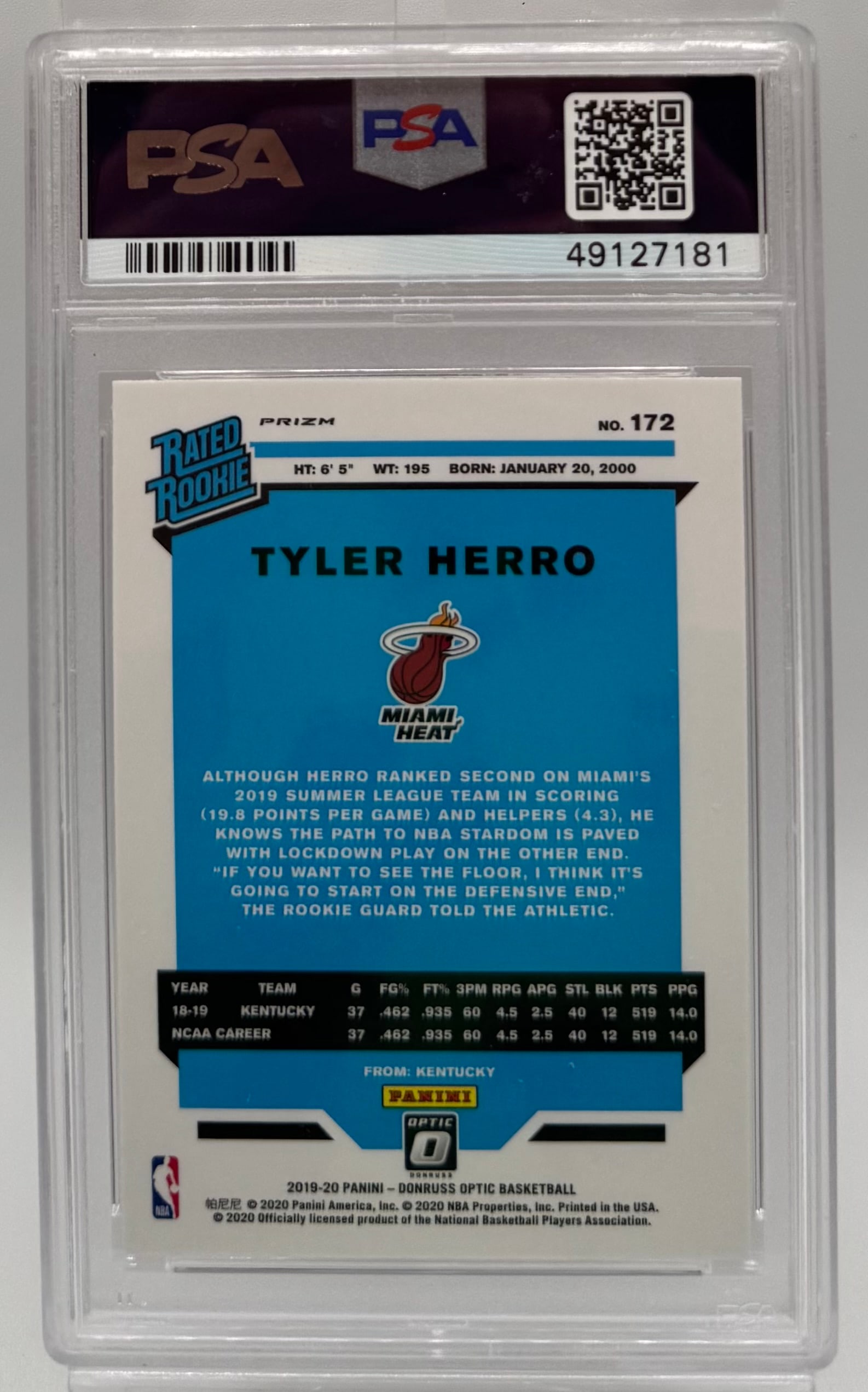 2019 Donruss Optic Tyler Herro Rated Rookie Hyper Pink Parallel #172 – PSA 9 Mint - 2