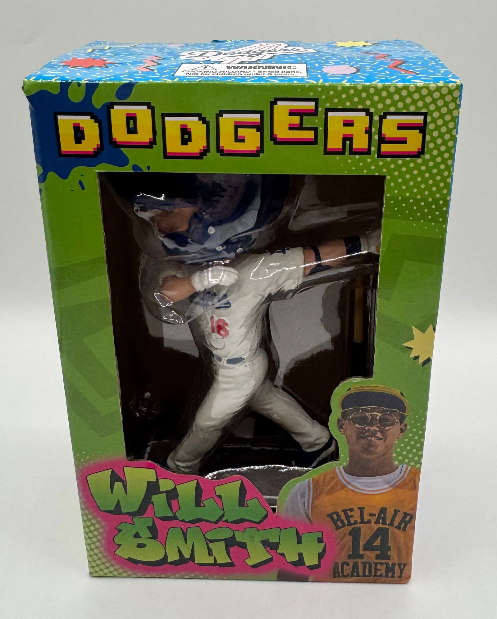 Los Angeles Dodgers Will Smith "Fresh Prince of Bel-Air" Theme Bobblehead – New In Box: A creative crossover item featuring catcher Will Smith in a 90s-inspired "Bel-Air Academy" theme. • Condition: Item is new and in the original themed packaging. 