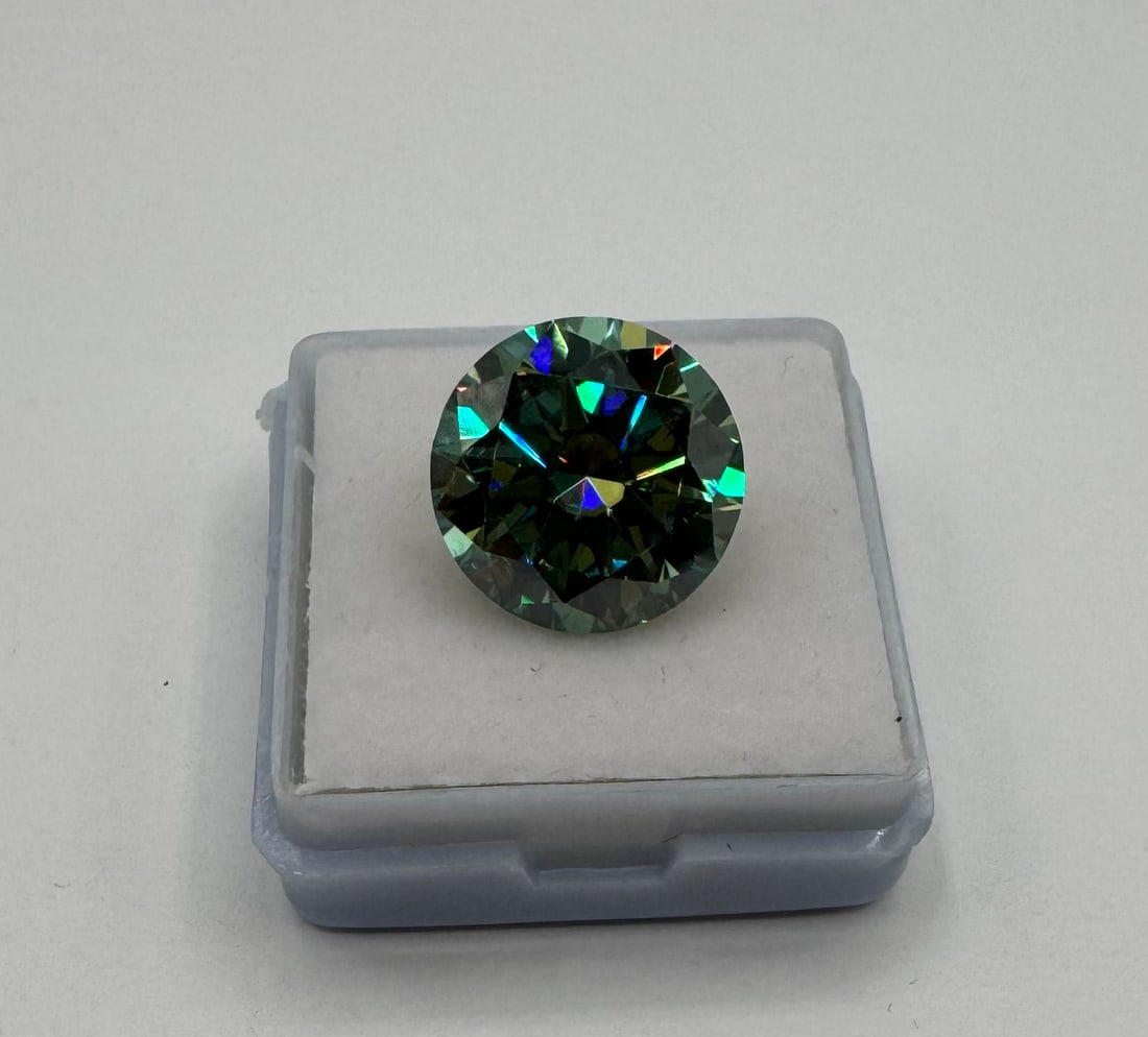 10.00 CT Round Brilliant Moissanite - Deep Teal Green - GRA Certified (1 of 2)