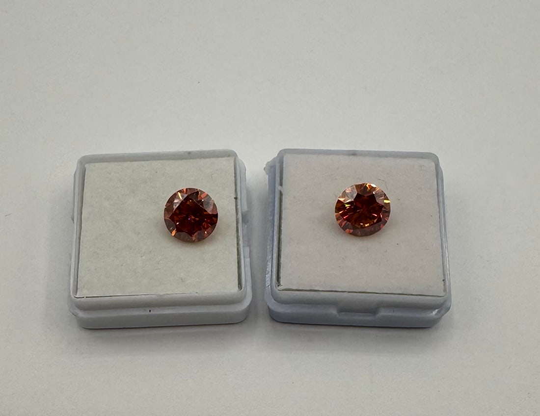 Matched Pair (2pcs) Round Brilliant Orange Moissanite - Diamond Tester Positive - 2