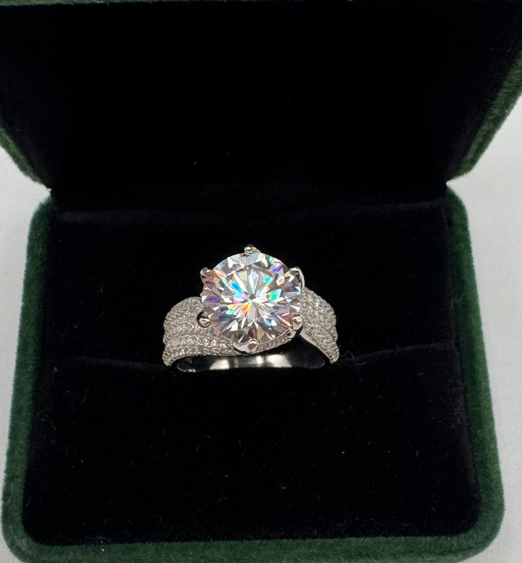 5.00 CT Round Moissanite Solitaire with Triple Pavé Band - 18K White Gold Plated - 2