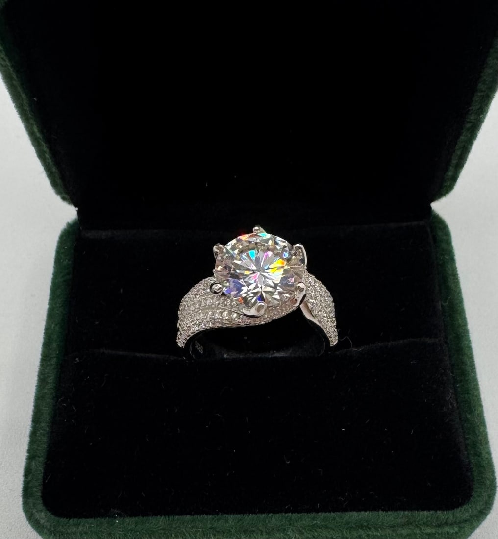 5.00 CT Round Moissanite Solitaire with Triple Pavé Band - 18K White Gold Plated - 3