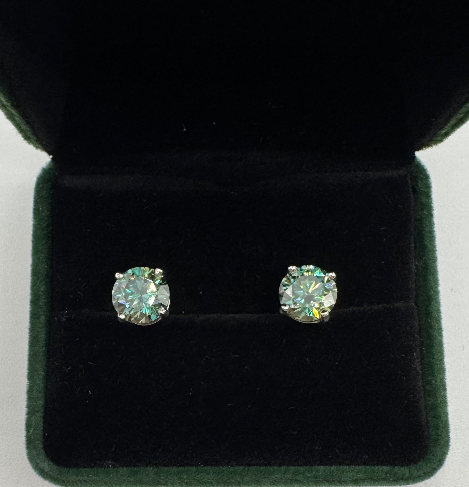 4.00 TCW Round Brilliant Blue-Green Moissanite Studs - 18K White Gold Plated - 2
