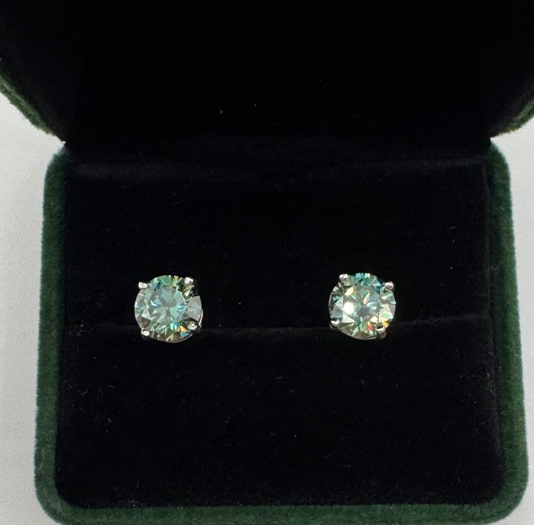 4.00 TCW Round Brilliant Blue-Green Moissanite Studs - 18K White Gold Plated - 3
