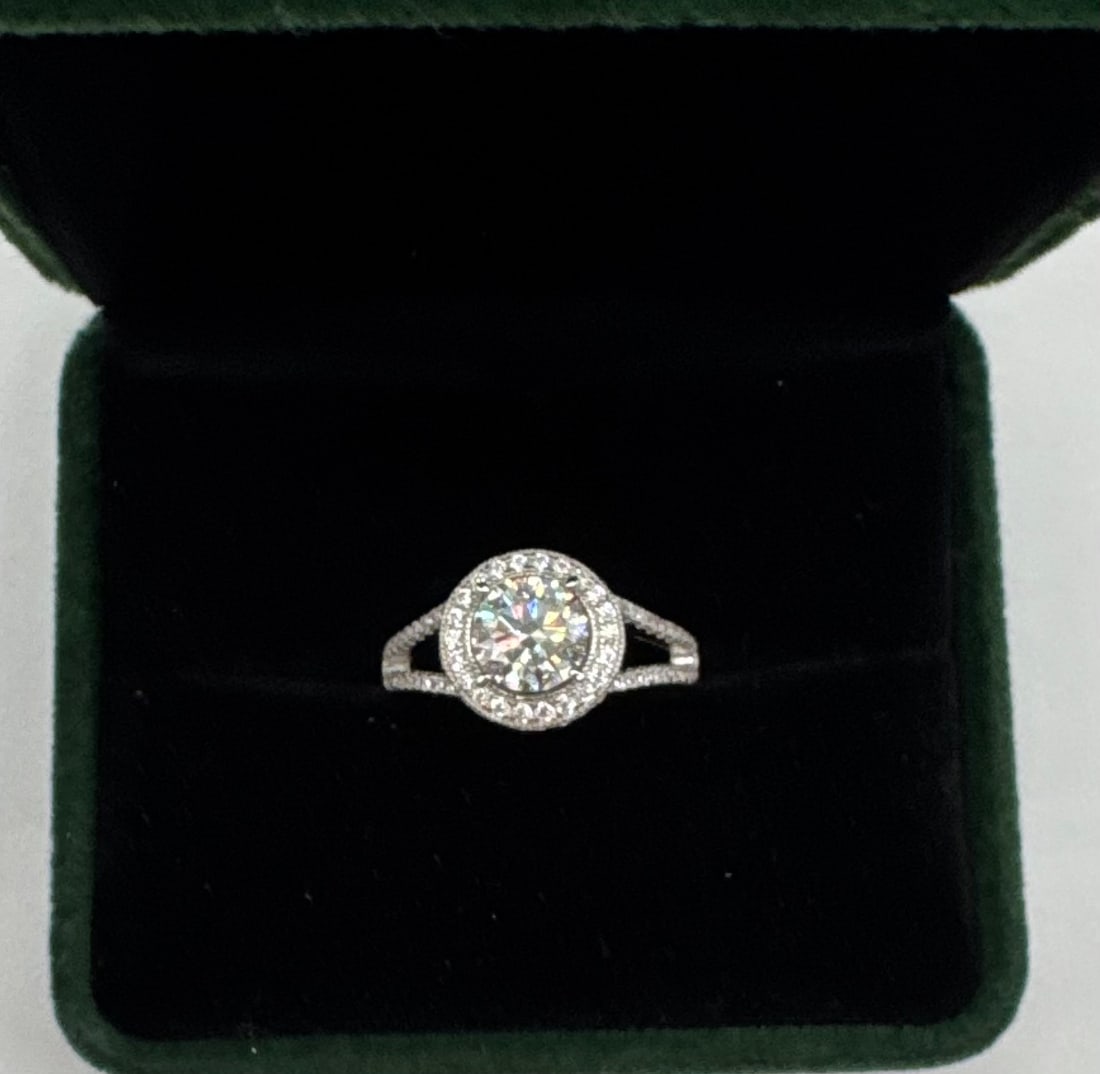 Brilliant 1 CT Green Moissanite Halo Ring - Split Shank - 18K WG over .925 Silver: The Eye-Catcher: 1.00 Carat Green Moissanite Cathedral Halo Ring | .925 Sterling | Diamond Tester Positive • The Boutique Pick: Boutique 1 CT Green Moissanite Pave Ring - 18K White Gold Plated