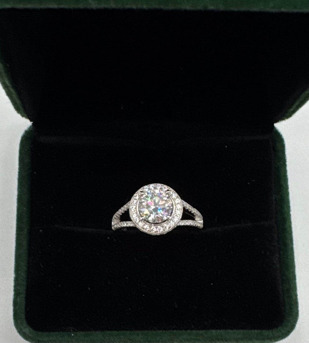 Brilliant 1 CT Green Moissanite Halo Ring - Split Shank - 18K WG over .925 Silver - 3