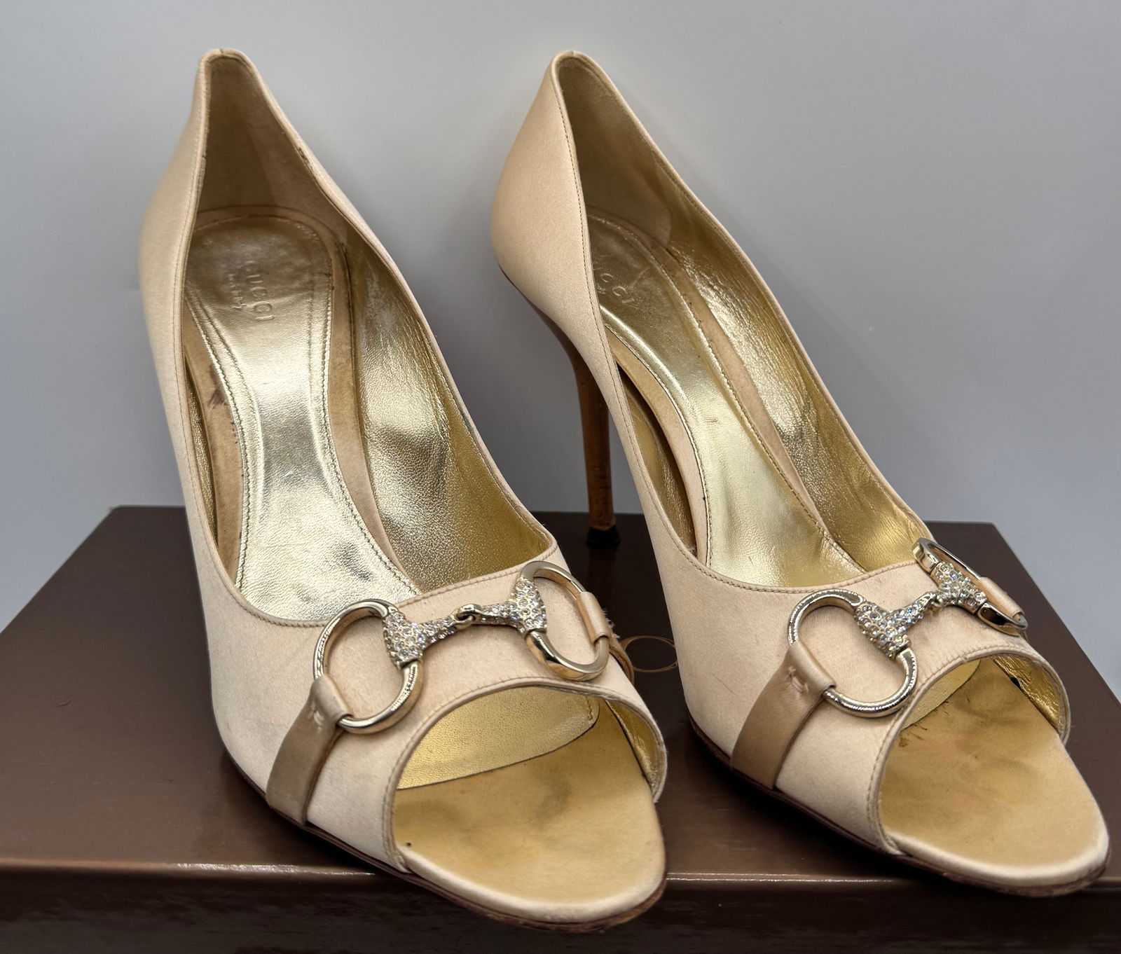 Gucci Champagne Satin Peep-Toe Horsebit Pumps (1 of 5)