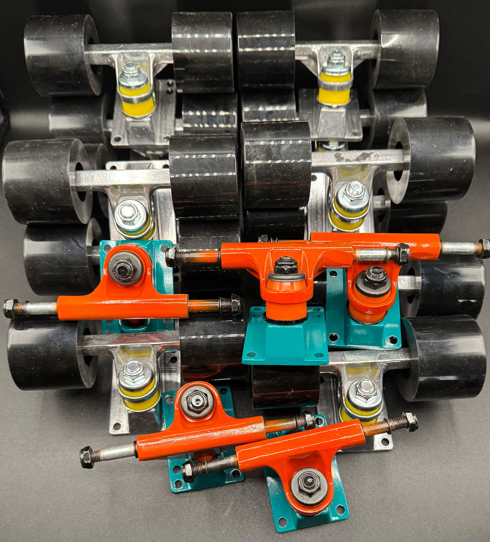 Bulk Lot of (10) Sets Skateboard Trucks & Wheels - Silver/Yellow & Orange/Teal Cruiser Hardware - 2