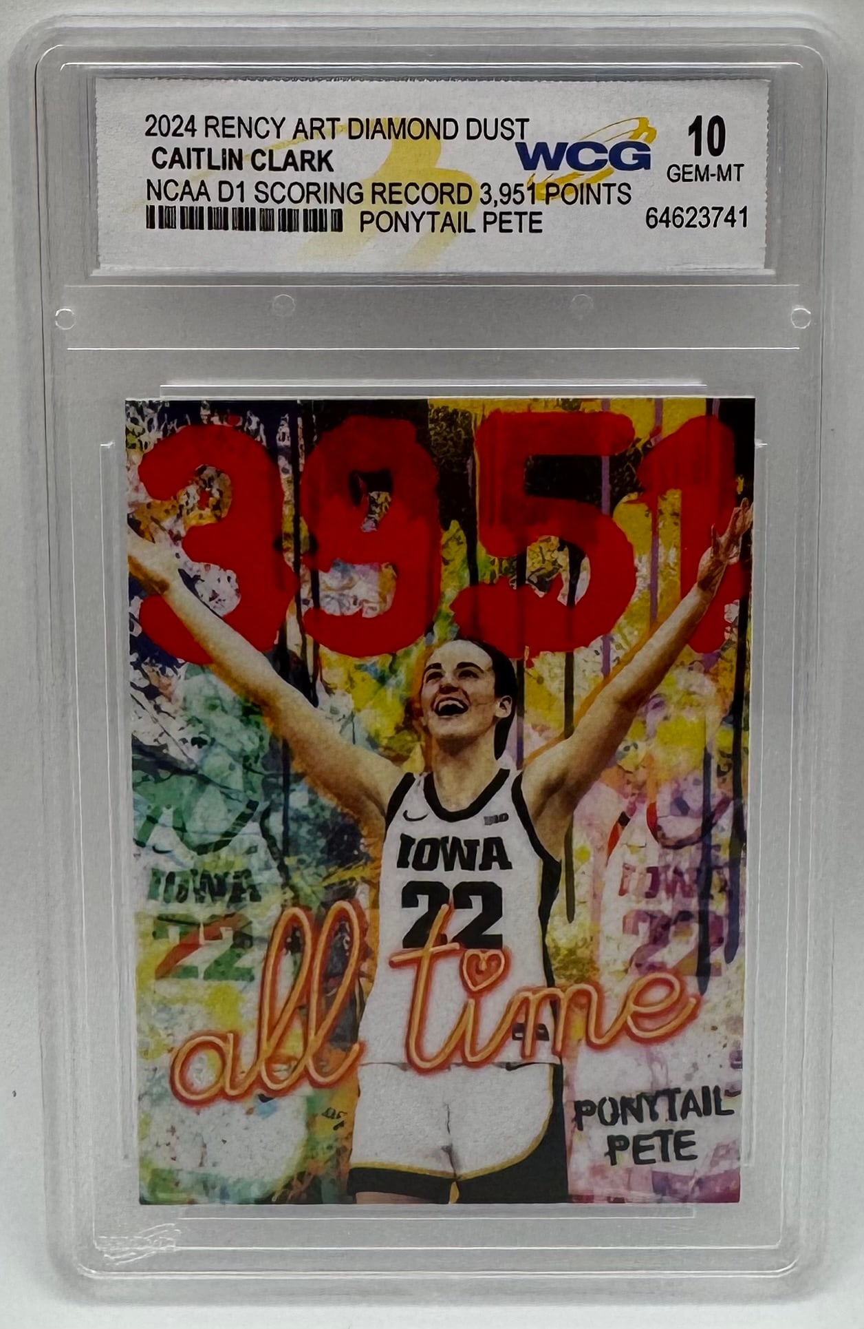 Caitlin Clark 2024 Rency Art Diamond Dust Custom Card - WCG 10 Gem Mint: A stunning art-series card by Rency Art titled "Ponytail Pete," celebrating Caitlin Clark's historic NCAA Division 1 scoring record of 3,951 points. This card features a vibrant, "Diamond Dust" textur