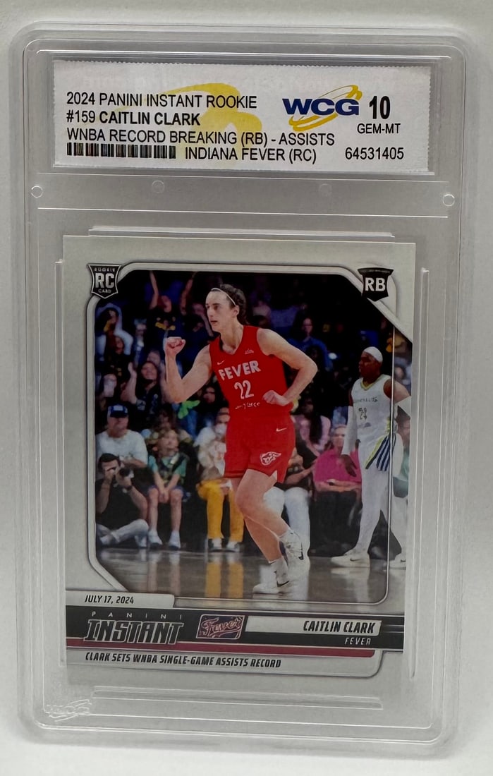 2025 Caitlin Clark Rookie WNBA Single-Game Assists Record - WCG 10: Commemorative Panini Instant card from July 17, 2024, marking the game where Clark set the WNBA single-game assists record. Features the "RC" rookie badge. Graded WCG 10 Gem Mint. • Grade: WCG
