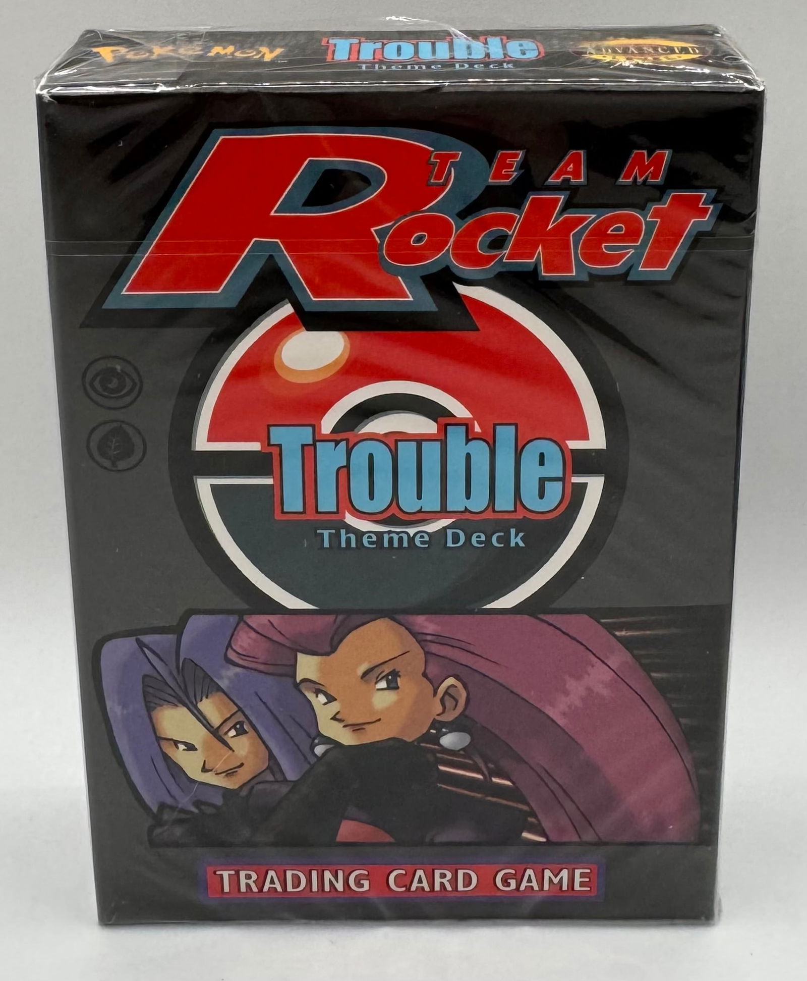 Vintage Pokémon TCG: Team Rocket "Trouble" Theme Deck - Factory Sealed (2000): A rare, vintage factory-sealed theme deck from the iconic Team Rocket expansion released in 2000. This deck, titled "Trouble," predominantly focuses on Psychic and Grass-type Pokémon, capturing