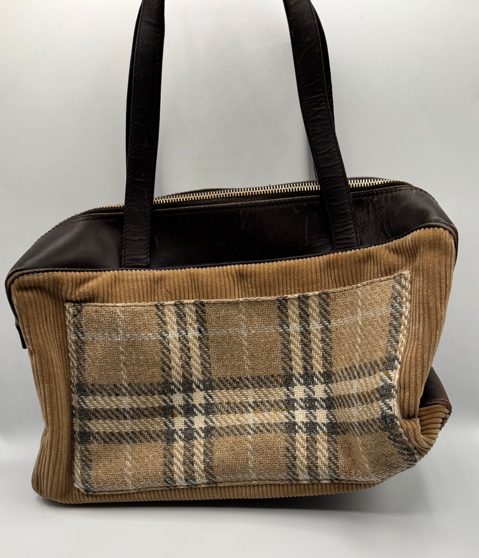 Authentic Burberry Vintage Corduroy & Tweed Check Tote - Brown Leather Trim (1 of 2)