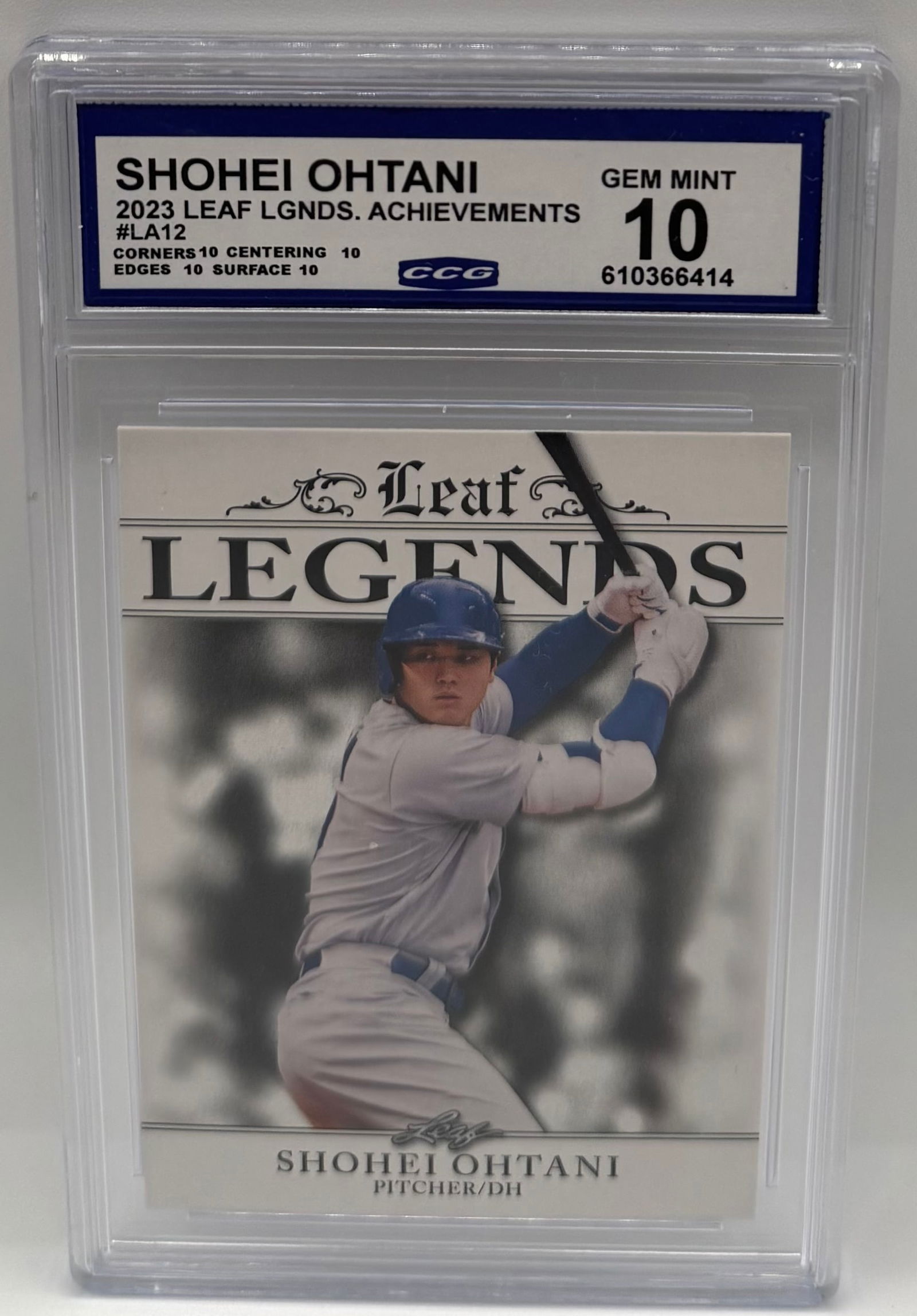 2023 Leaf Legends Achievements Shohei Ohtani #LA12 - CCG Gem Mint 10: An exceptional specimen for any baseball enthusiast or investor. This 2023 Leaf Legends Achievements Shohei Ohtani card (#LA12) features the two-way superstar in a classic "Legends" design. • Gr